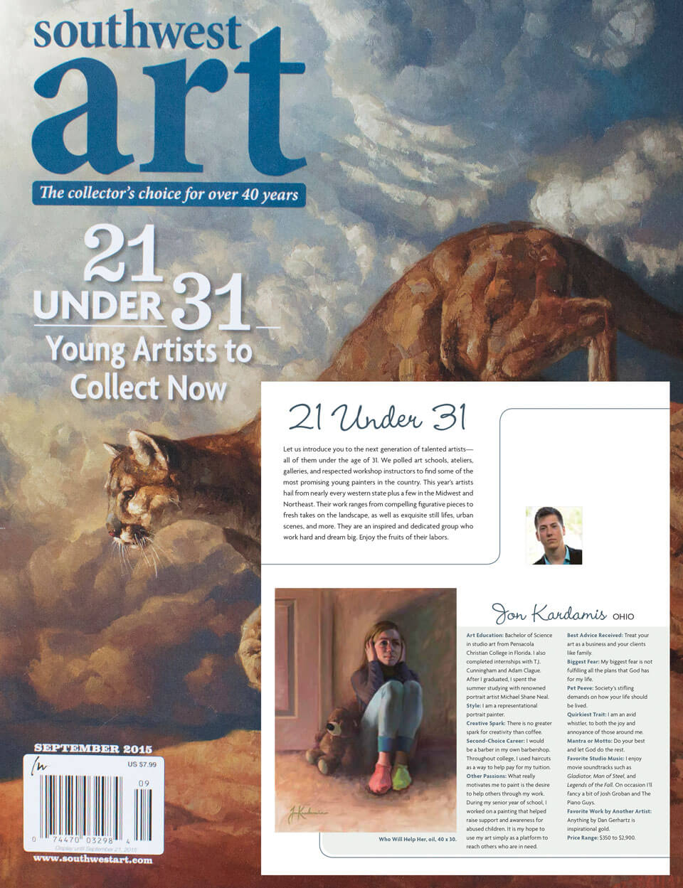 Southwest Art magazine cover and page: 21 under 31 young artists to collect now